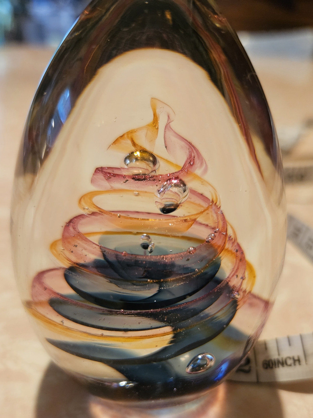 Handblown Glass Art Paperweight with Pink and Blue Swirl